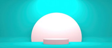 Açık mavi oda arka planında modern stand podyumu olan platformun kaidesi pankartı. Boş sergi sahne arkası ya da boş ürün rafı. Uzayı kopyala Seçici odak.