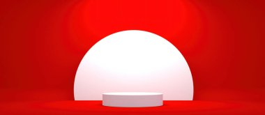 Kırmızı oda arka planında modern stand podyumu olan platformun kaidesi pankartı. Boş sergi sahne arkası ya da boş ürün rafı. Uzayı kopyala Seçici odak.