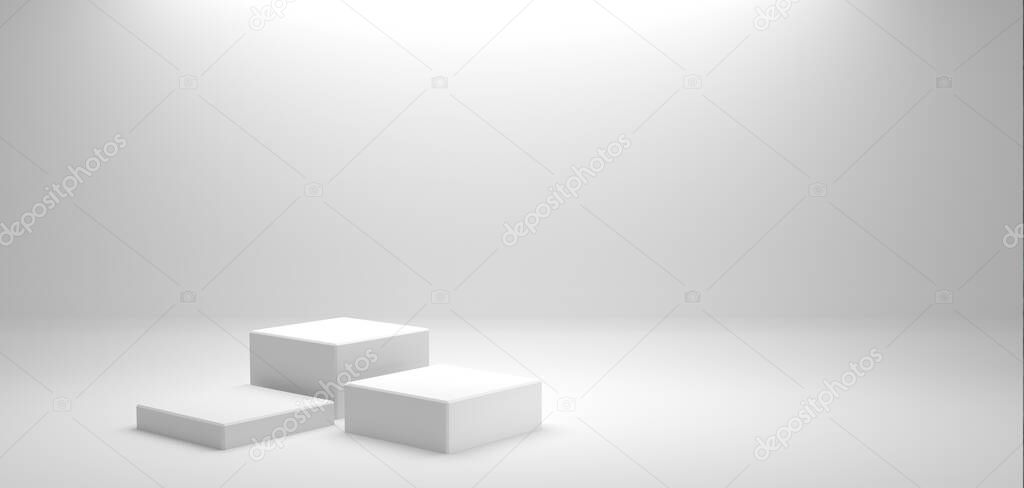 Banner of empty podium or pedestal display on white background with box stand concept. Blank product shelf standing backdrop. For products and business concepts. Copy space. Selective focus.