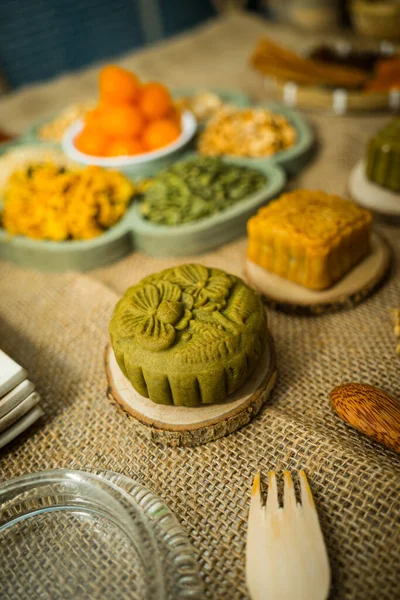 Mid Autumn Festival Moon Cake Colorful Food Drink Burlap Background — Stock Photo, Image