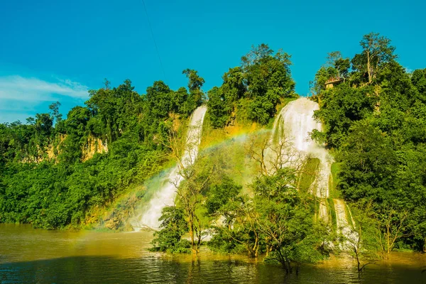 Dai Yem waterfall and red heart bridge. This is a nice waterfall in Moc Chau, Son La province, Vietnam. Travel and nature concept.