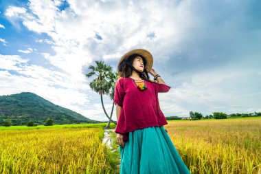 Koyu kırmızı ve yeşil renkli geleneksel kostüm giyen Vietnamlı kız sarı yeşil pirinç tarlasında yürüyen konik şapkalı ve iki palmiye ağacı olan Ba Den Dağı 'nın arka planında mavi gökyüzü. Seyahat kavramı.