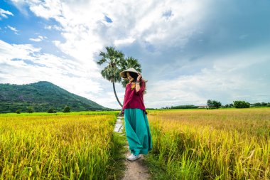 Koyu kırmızı ve yeşil renkli geleneksel kostüm giyen Vietnamlı kız sarı yeşil pirinç tarlasında yürüyen konik şapkalı ve iki palmiye ağacı olan Ba Den Dağı 'nın arka planında mavi gökyüzü. Seyahat kavramı.