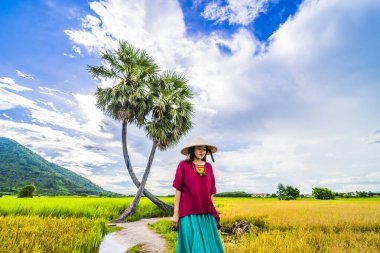 Koyu kırmızı ve yeşil renkli geleneksel kostüm giyen Vietnamlı kız sarı yeşil pirinç tarlasında yürüyen konik şapkalı ve iki palmiye ağacı olan Ba Den Dağı 'nın arka planında mavi gökyüzü. Seyahat kavramı.