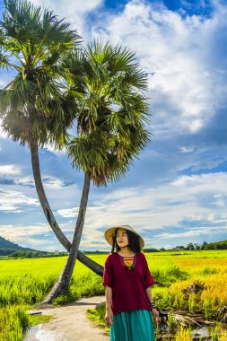 Koyu kırmızı ve yeşil renkli geleneksel kostüm giyen Vietnamlı kız sarı yeşil pirinç tarlasında yürüyen konik şapkalı ve iki palmiye ağacı olan Ba Den Dağı 'nın arka planında mavi gökyüzü. Seyahat kavramı.