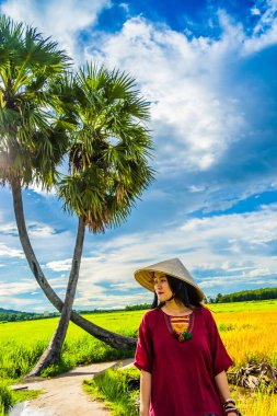 Koyu kırmızı ve yeşil renkli geleneksel kostüm giyen Vietnamlı kız sarı yeşil pirinç tarlasında yürüyen konik şapkalı ve iki palmiye ağacı olan Ba Den Dağı 'nın arka planında mavi gökyüzü. Seyahat kavramı.