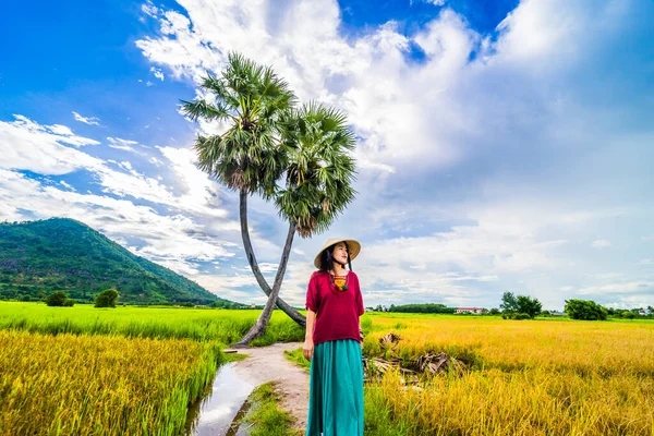 Menina Vietnamita Vermelho Escuro Garrafa Verde Traje Tradicional Vestido Com — Fotografia de Stock