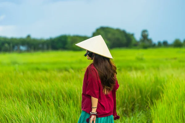 Menina Vietnamita Vermelho Escuro Garrafa Verde Traje Tradicional Vestido Com — Fotografia de Stock