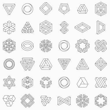 Geometrik öğeleri, imkansız şekilleri, izole beyaz, içini kaplamak çizmek, vektör çizim kümesi