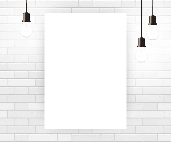 Leere Plakatvorlage Mit Glühbirnen Weißem Backsteinhintergrund Vektorillustration — Stockvektor