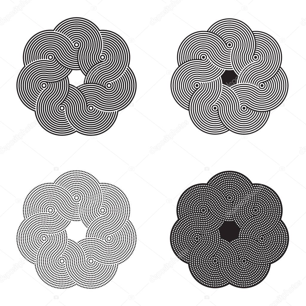 Interlaced circle, intertwined element, line design, set of vector illustrations isolated on white background