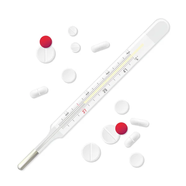 Medische Thermometer Met Pillen Vectorillustratie Geïsoleerd Witte Achtergrond — Stockvector