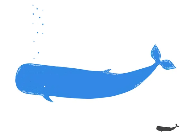 Blauwal Isoliert Auf Weißem Hintergrund Karikatur Vektor Illustration Mit Silhouette — Stockvektor