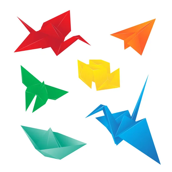 Origami Vogels Vlinder Papier Vliegtuig Schip Vectorillustratie Geïsoleerd Witte Achtergrond — Stockvector