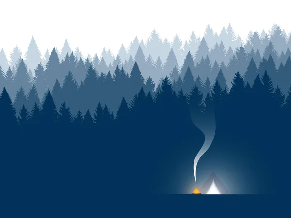 Fond Forestier Conifères Illustration Vectorielle Paysage Avec Tente Camping Nuit — Image vectorielle