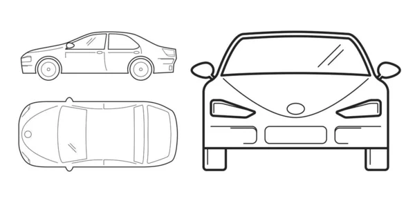 Coche, diseño de línea. Vista superior, frontal y lateral — Archivo Imágenes Vectoriales