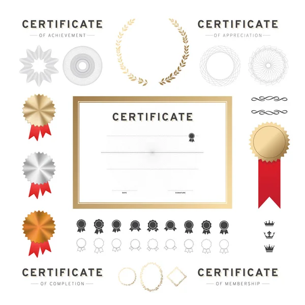 Modelo de certificado. Distintivo com fita, coroa de louro e outros elementos de design — Vetor de Stock