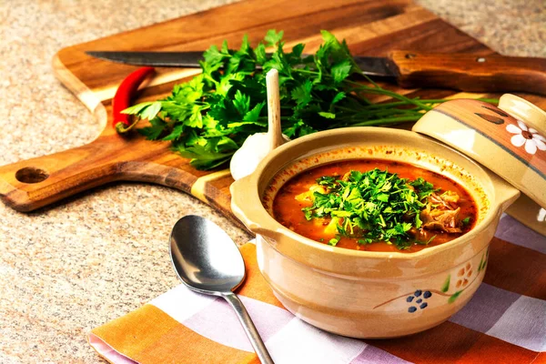 Харчо Традиционная Еда Вкусный Суп Глиняных Блюдах Лук Мясо Картофель — стоковое фото