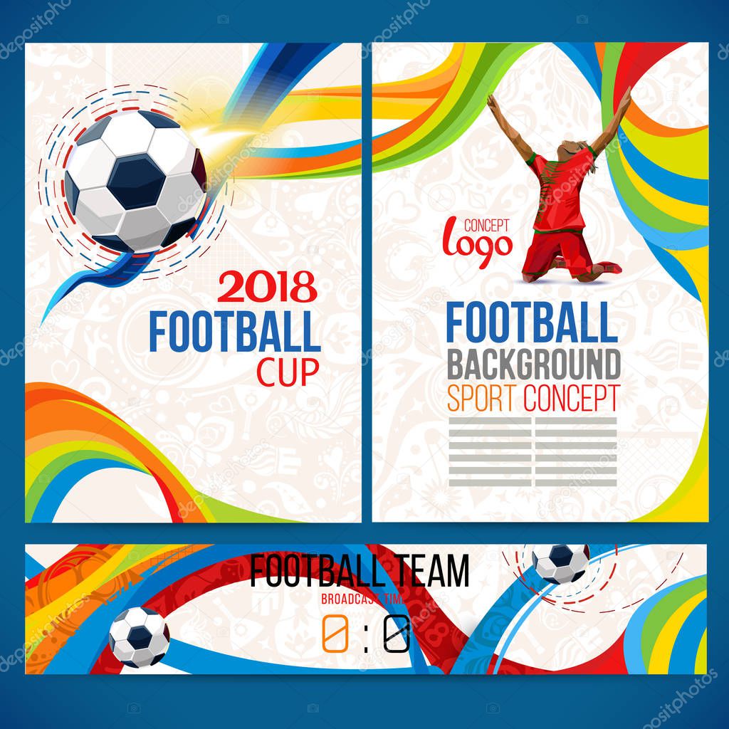 Football cup. 2018 World championship. Background concept of player with football ball around of Russian ethnic symbols. Champion football game. Symbol sport cup.