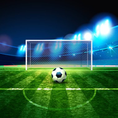 Futbol topu kaleci hedef arka plan üzerinde. Futbol Arena. Gece arka plan futbol alan stadyum ve fanlar 2018 Futbol Şampiyonası.