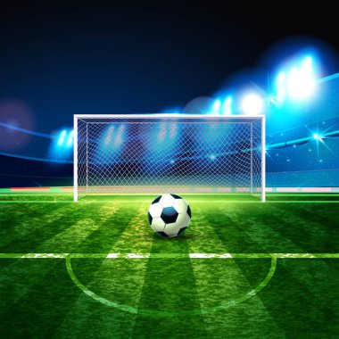 Soccer ball on goalie goal background. Football Arena. Night background football field stadium and fans 2018 soccer championship. clipart