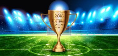 Çim alan futbol fincan futbol arenasında bir arka plan üzerinde. Gece arka plan alan stadyum ve fanlar işaretleri 2018 Futbol Şampiyonası Kupası.