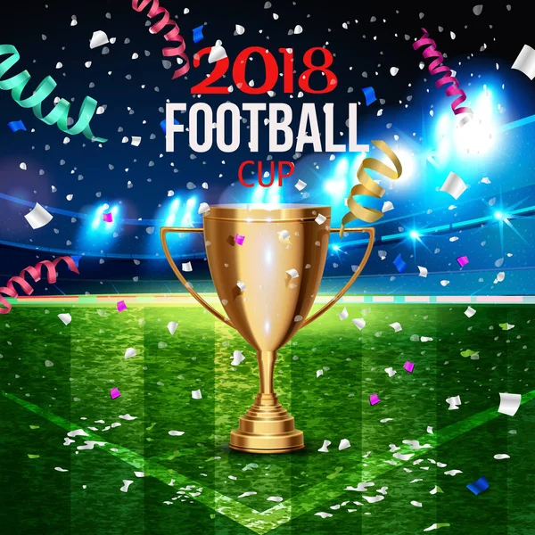 Cupa Fotbal Arena Fotbal Fundal Teren Iarbă Momentul Victoriei Confetti — Vector de stoc