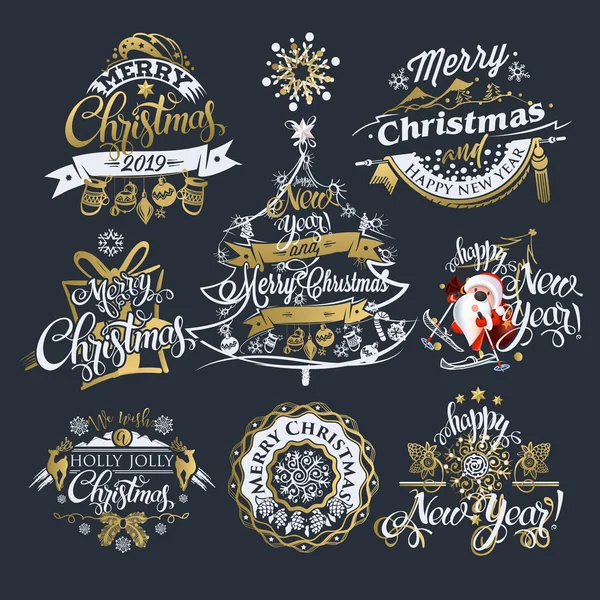 Natale 2019 Capodanno Etichette Confini Set Decorazioni Design Calligrafico Con — Vettoriale Stock