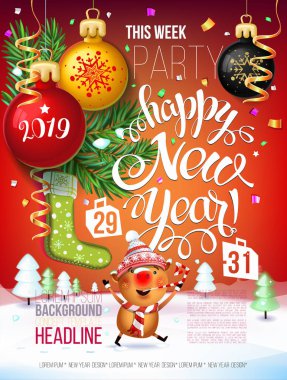 Bir poster kartı ve bir neşeli Noel tatil arka plan 2019 dekorasyon mutlu yeni yıl 2019 yılın domuz, çelenk, ağaç dalları, kar taneleri bir Noel ağacı etrafında simgesiyle.