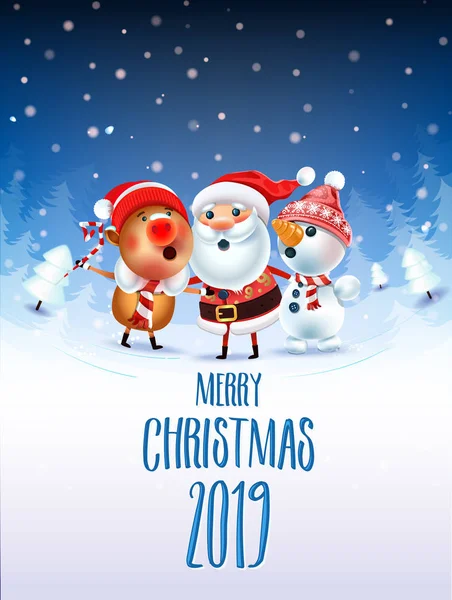 2019 Buon Natale Capodanno Poster Babbo Natale Pupazzo Neve Simbolo — Vettoriale Stock