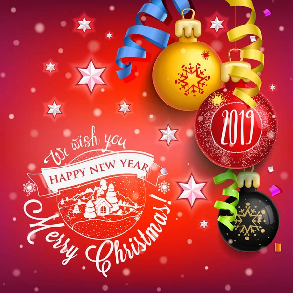 2019 メリー クリスマスのシンボル クリスマスのおもちゃ 赤い背景が付いてお菓子 お菓子やシンボル冬の休日 装飾ポスター カード休日背景 — ストックベクタ