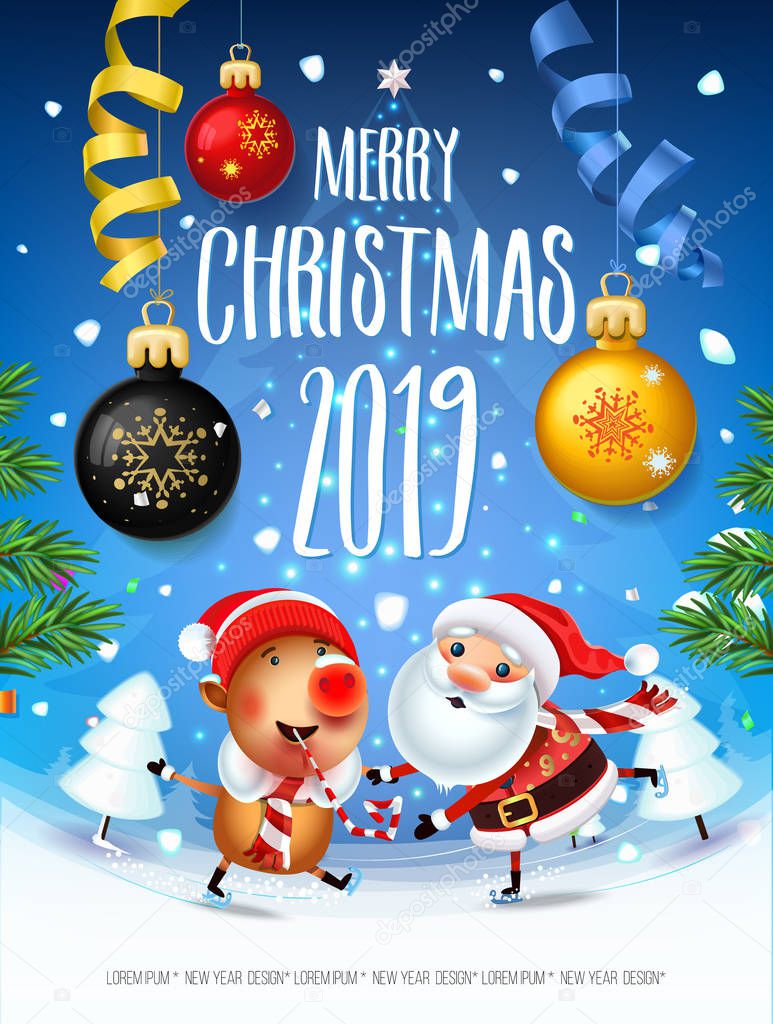 Santa Claus with the symbol of 2019 Pigs on skates rushes for holiday on the field with Christmas trees.Christmas time with snow light Decoration of poster card and holiday background. 2019 New year.