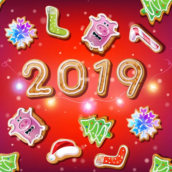 2019 Año Nuevo Fondo Rojo Con Conjunto Galletas Navidad Forma — Archivo Imágenes Vectoriales