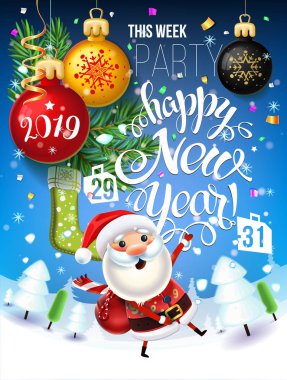 2019 happy New Year dekorasyon bir poster kartı ve a neşeli Noel tatil çelenk, ağaç dalları, kar taneleri ve bir kardan adam ve Noel Baba ile arka plan etrafında bir Noel ağacı