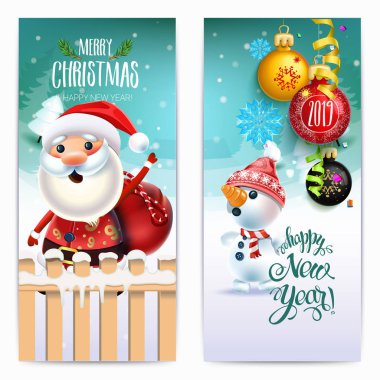 2019 happy New Year dekorasyon bir poster kartı ve a neşeli Noel tatil çelenk, ağaç dalları, kar taneleri ve bir kardan adam ve Noel Baba ile arka plan etrafında bir Noel ağacı