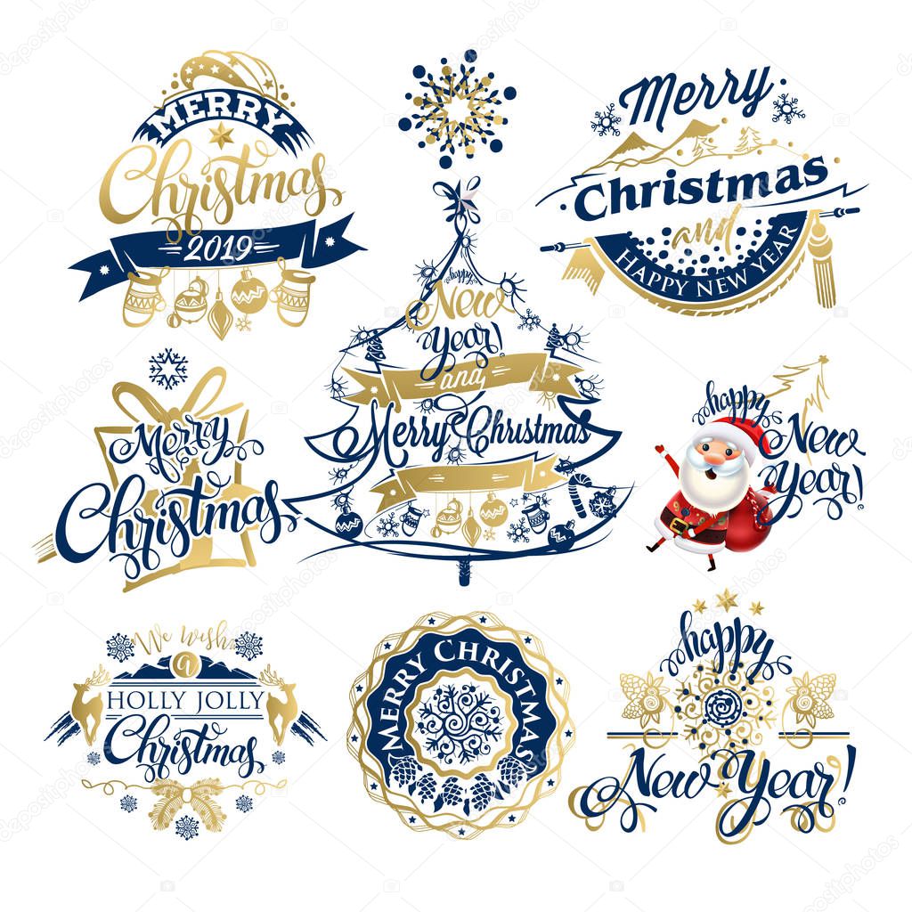 2019 Christmas and New year labels and borders. Decoration set of calligraphic design with typographic labels, and icons elements for you. Hand drawn authors work.  Merry Christmas emblems.