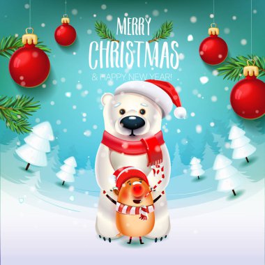 Yeni yıl Noel ağaç dalları ve oyuncaklar ile sahada 2019 domuz sembolü ile ayı. Kar ve hediyeler ile Noel zamanı. Bir poster kartı ve tatil arka plan dekorasyon. 2019 yeni yıl.