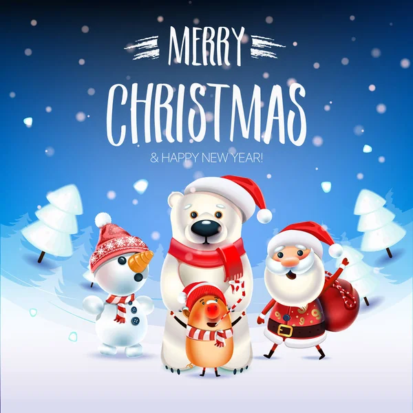 Affiche Joyeux Noël Nouvel 2019 Père Noël Bonhomme Neige Ours — Image vectorielle