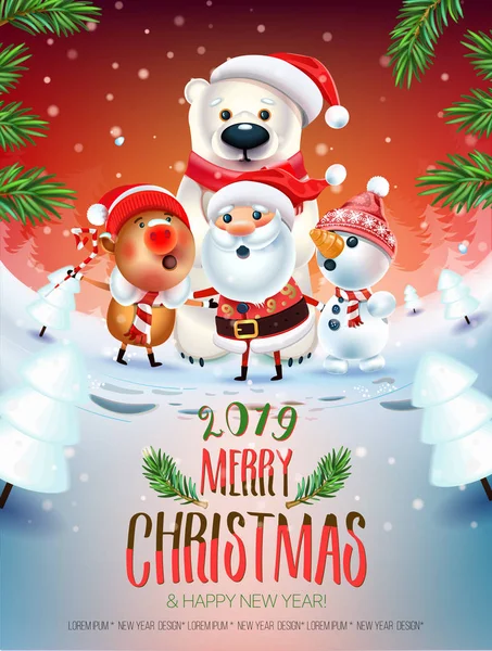 2019 Feliz Navidad Año Nuevo Cartel Santa Claus Muñeco Nieve — Archivo Imágenes Vectoriales