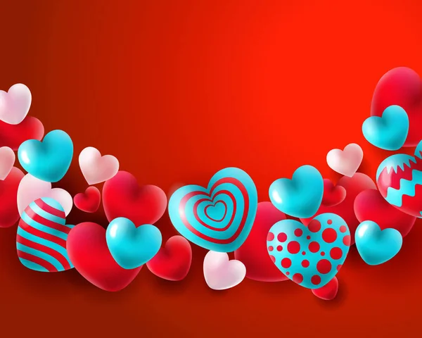 情人节背景与红色蓝色 白色气球3D 心脏概念 爱横幅和贺卡 向量例证 — 图库矢量图片