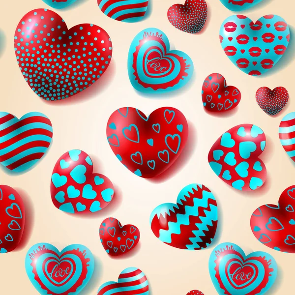 Seamless Pattern Volumetric Heart Shapes Different Patterns Valentine Day Hearts — Stock Vector