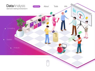 İnsanlar ofiste iş geliştirme stratejisi, etkileşimli veri çözümlemesi, yönetim ve consulting.3d izometrik vektör çizim tartışıyor. Web sayfa tasarım şablonları iş için