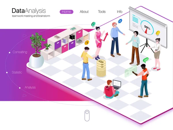 ビジネス開発戦略 インタラクティブなデータ分析 Consulting 等尺性ベクトル図を議論して オフィスにいます ビジネスのための Web ページのデザイン テンプレート — ストックベクタ