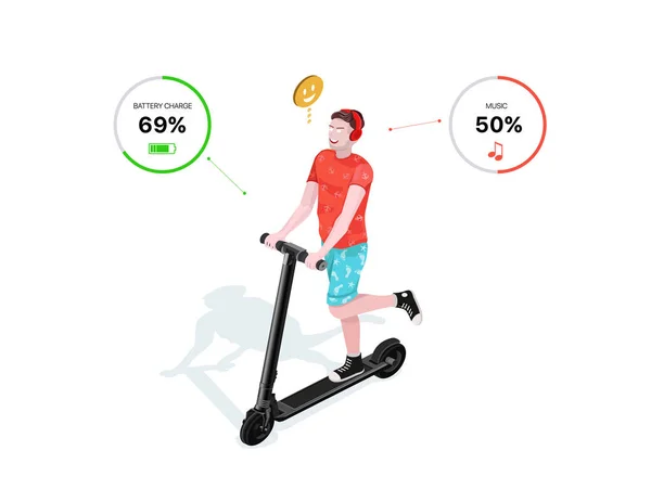 Srác Lovaglás Egy Elektromos Scooter Izometrikus Vektoros Illusztráció Design Sablonok — Stock Vector