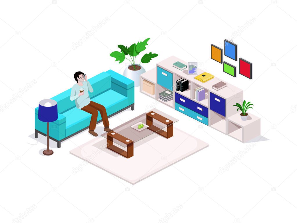 3d isometric composition man sitting on the couch and talking on the phone, around the interior furniture and a sofa, home furnishings or office. Vector isometric.