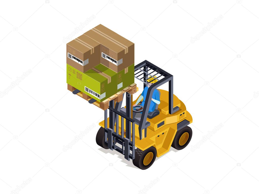 Sorting goods Industrial warehouse with a loader, cargo service. Product sorting technology. 3d isometric composition.Vector isolate.