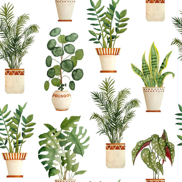 Watercolor hand drawn seamless pattern illustration with houseplants in brown clay terra cotta pots. Potted snake plant sanseviera, monstera, pilea money plant, Zamioculcas zz tree. Flowerpots