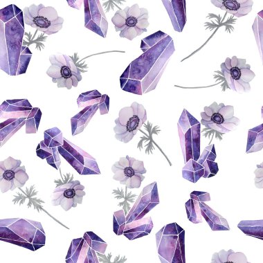 Suluboya el, mor lavanta rengi değerli taş kristallerinin, şakayık çiçekleri ve gri yapraklı mistik değerli minerallerin kusursuz desenli resimlerini çizdi. Büyücülük konsepti. Boho tarzı