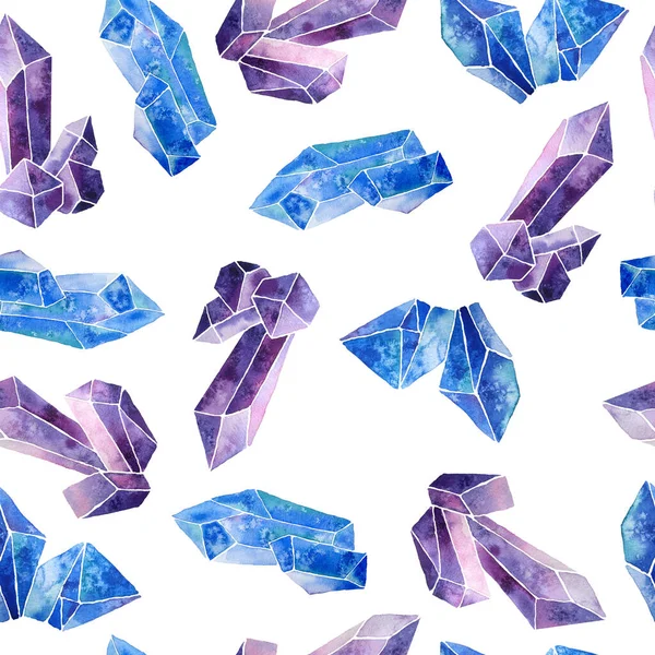 Watercolor hand drawn seamless pattern illustration set of violet purple blue gemstone crystals precious minerals. Mystic witchcraft concept for occult symbols. Amethyst fluorite topaz sapphire. — Stock Photo, Image