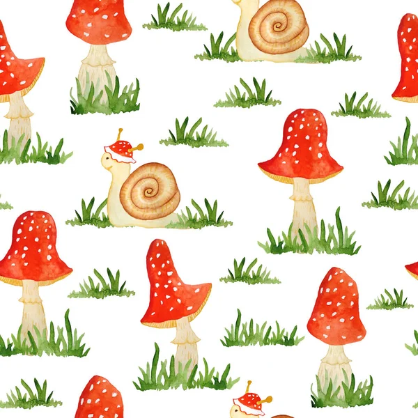 Acuarela dibujada a mano patrón sin costuras ilustración de champiñones amanita muscaria con gorras rojas en bosque bosque bosque verde hierba y caracol divertido de dibujos animados. Papel pintado textil para niños. Naturaleza natural —  Fotos de Stock